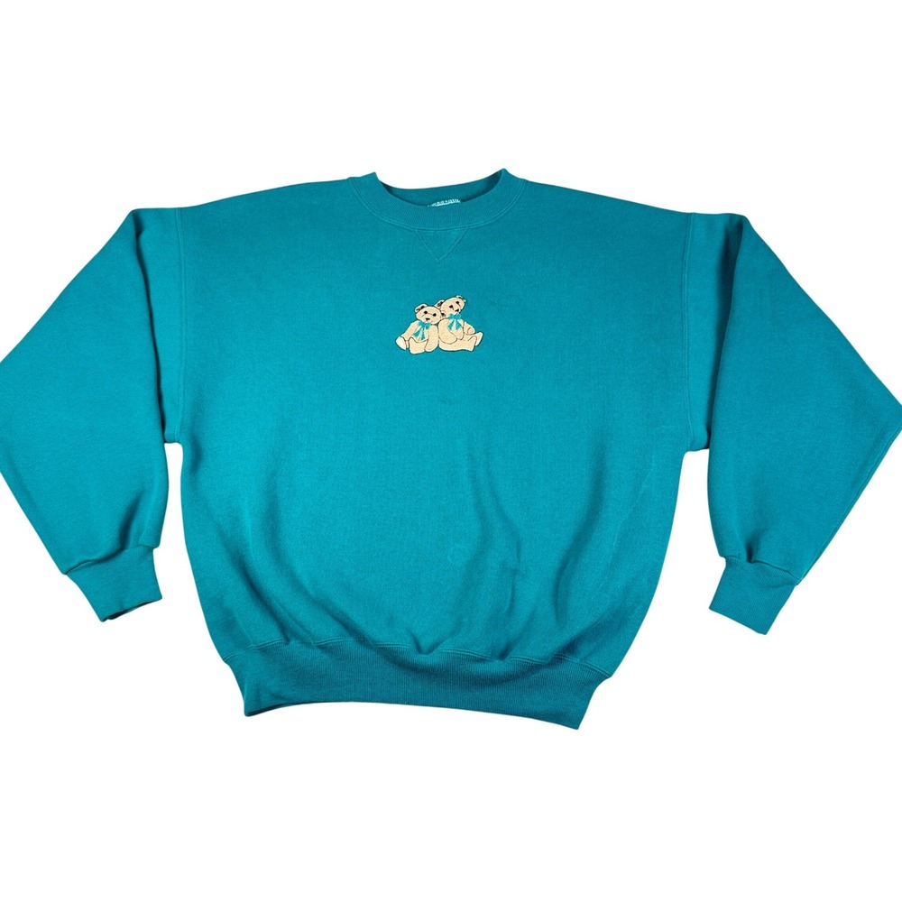 Vintage Teal Teddy Bear Embroidered Crewneck Sweatshirt‎ Blue 90s V-Stitch XL